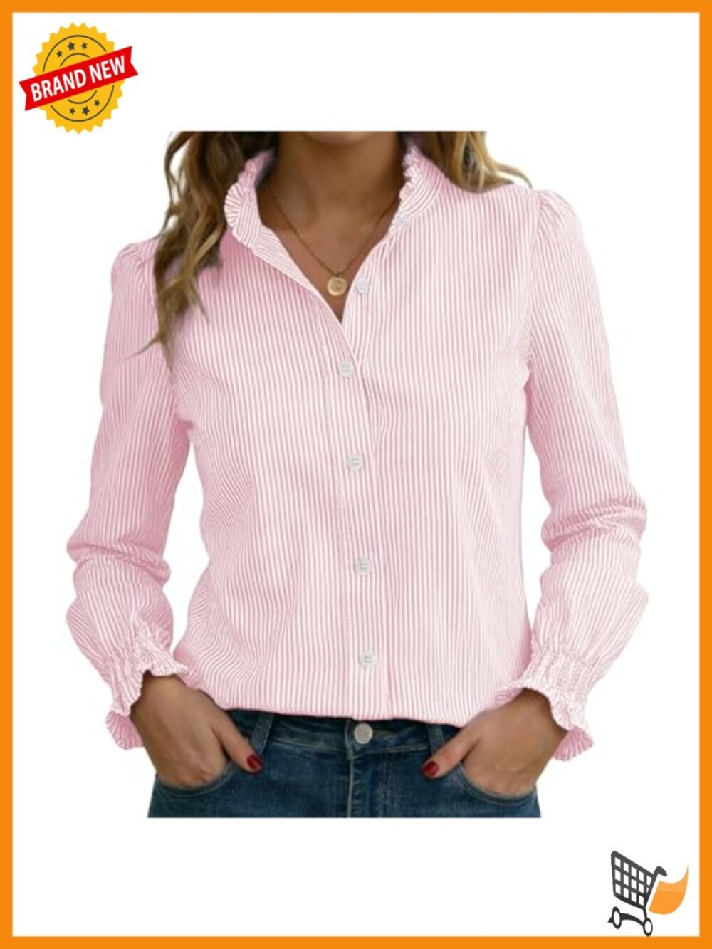 Women's Long Sleeve Striped Button Down Blouse with Smocked Cuffs Ruffle Collar